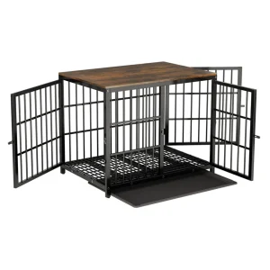 P&P Black Walnut XL Dog Crate with Wooden Furniture Style, 3-Door Entry and Slide Out Tray