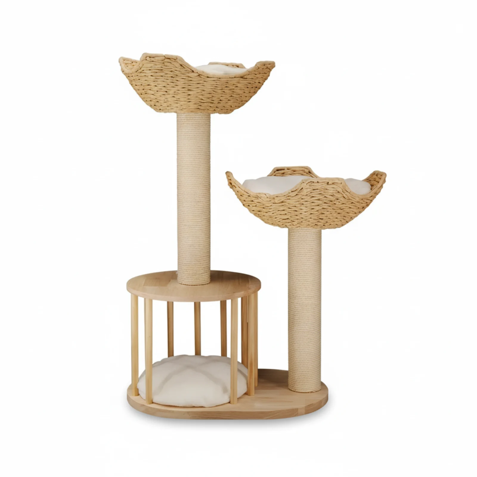 P&P Natural Wood White 3-Tier Cat Tower with Scratching Post, Condo and Plush Baskets